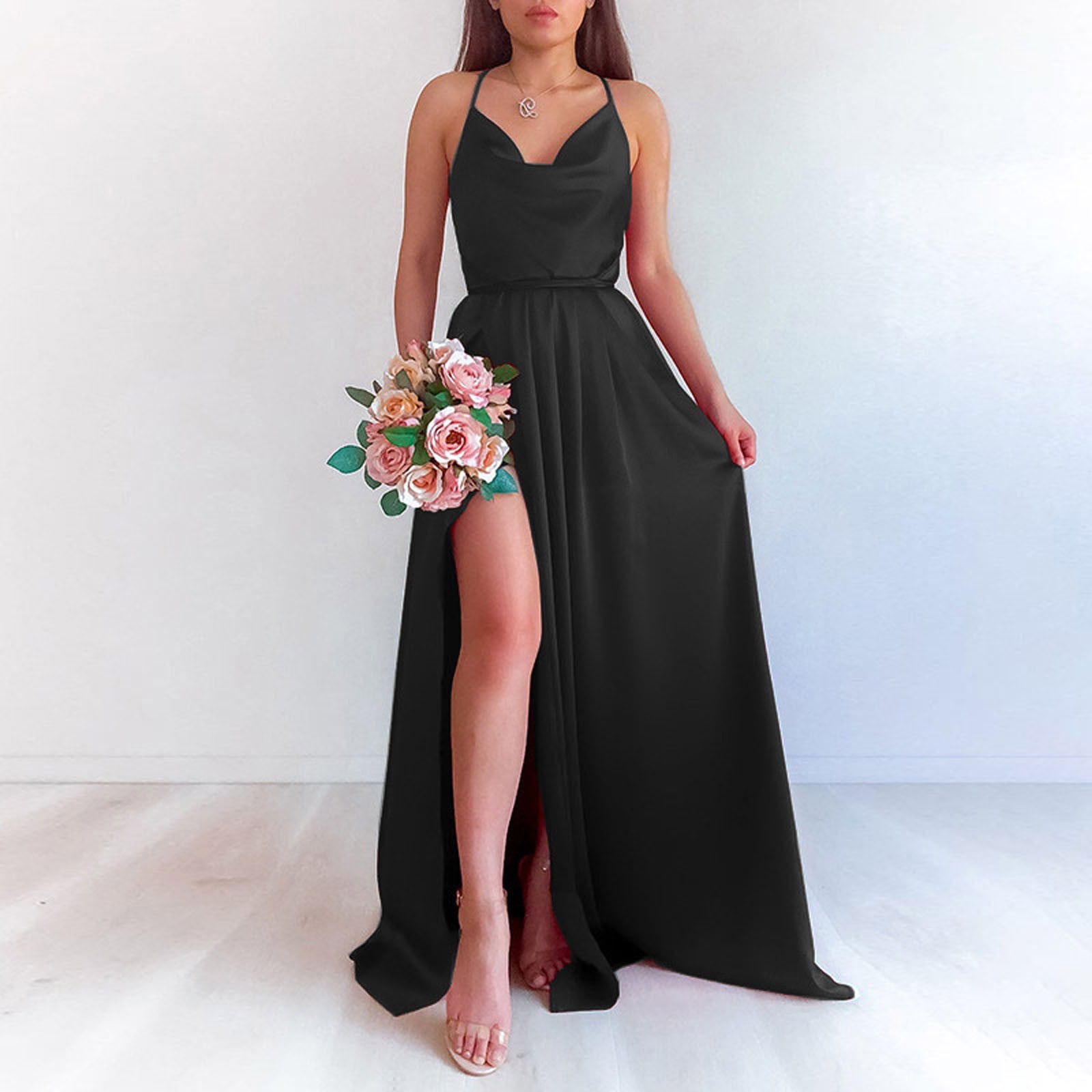 V-neck Maxi Side Slit Evening Prom Dress with Spaghetti Straps –  loveangeldress
